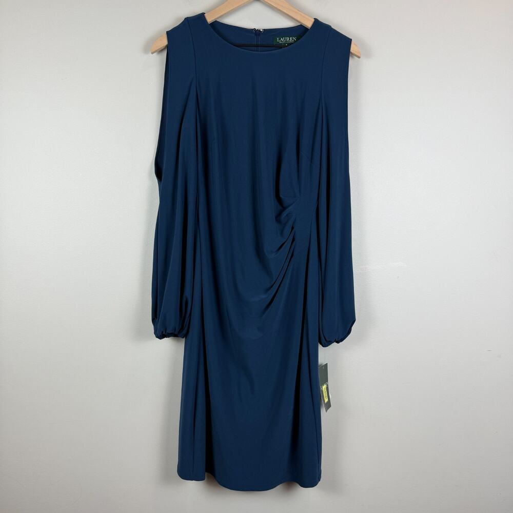 Ralph Lauren LRL‎ Midi Dress Womens 8 Navy Blue Long Sleeve Stretch Classic NWT